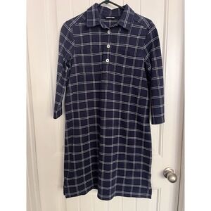Lands End Navy White Plaid Shirt Dress Tunic 3/4 Sleeve Pockets Women's M 10-12